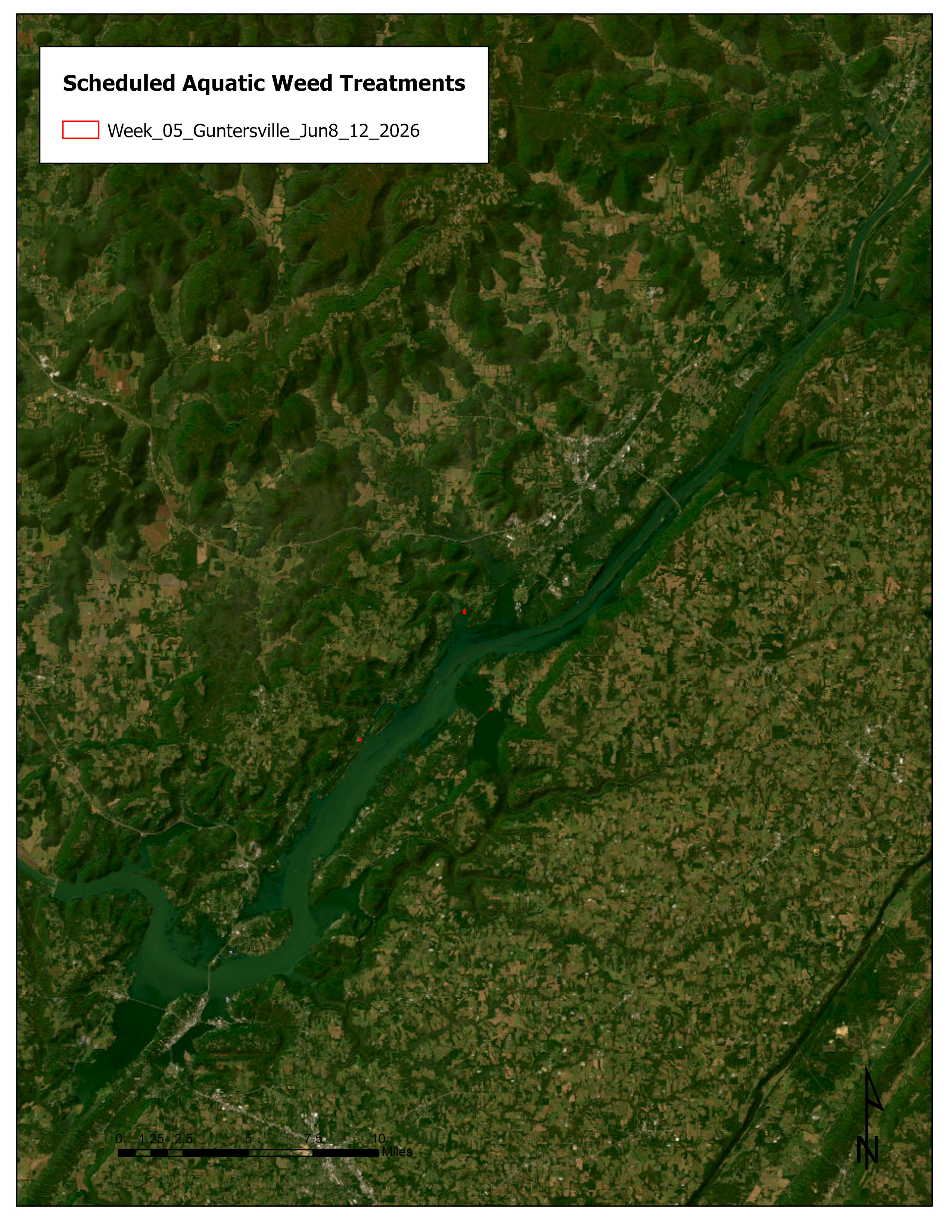 Map of Guntersville Reservoir Herbicide Treatment Schedule June 8th – 12th, 2026