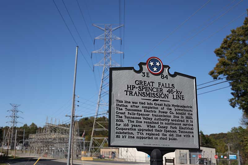 Sign at Rock Island sharing the historic significance of the Great Falls dam and powerhouse
