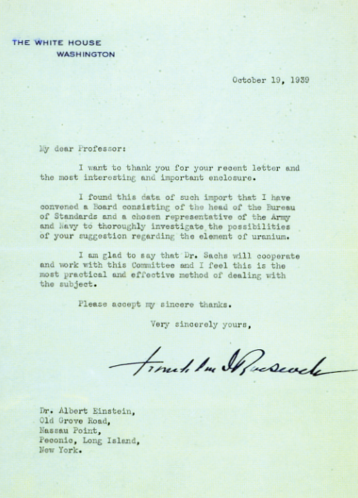 Letter to Albert Einstein from Franklin Roosevelt
