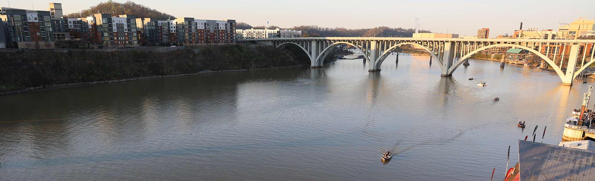 Fishing boats on the Tennessee River in downtown Knoxville for the Bassmaster Classic held March 2026
