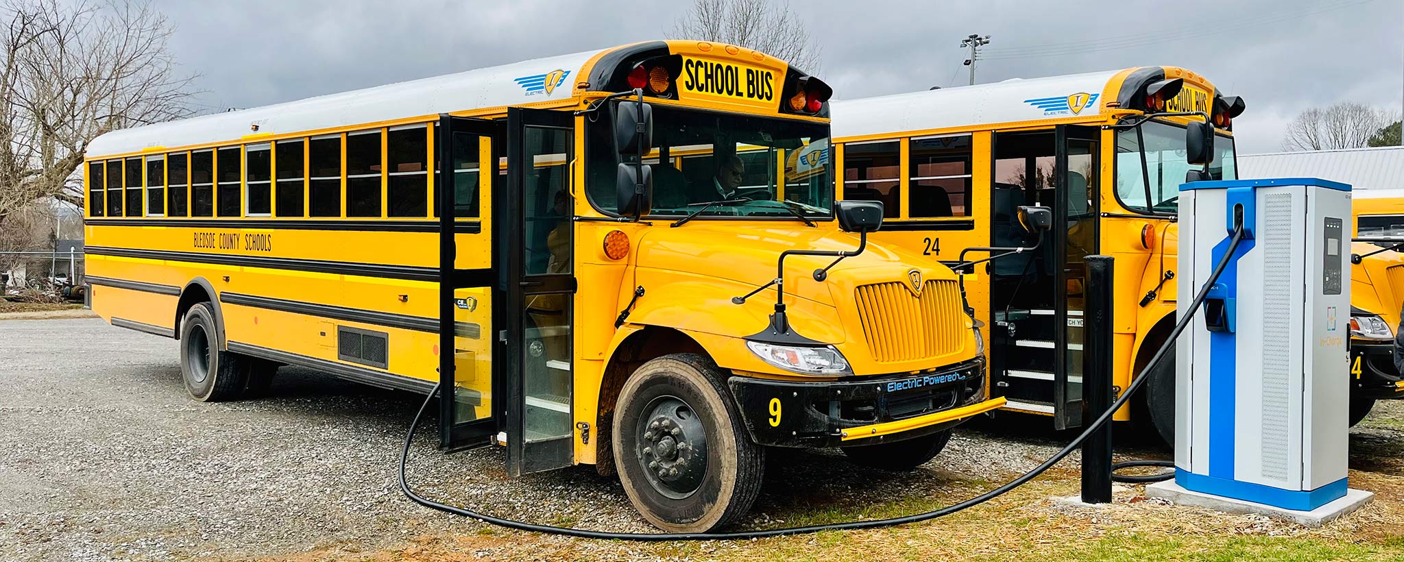 School bus at charging station School bus at charging station