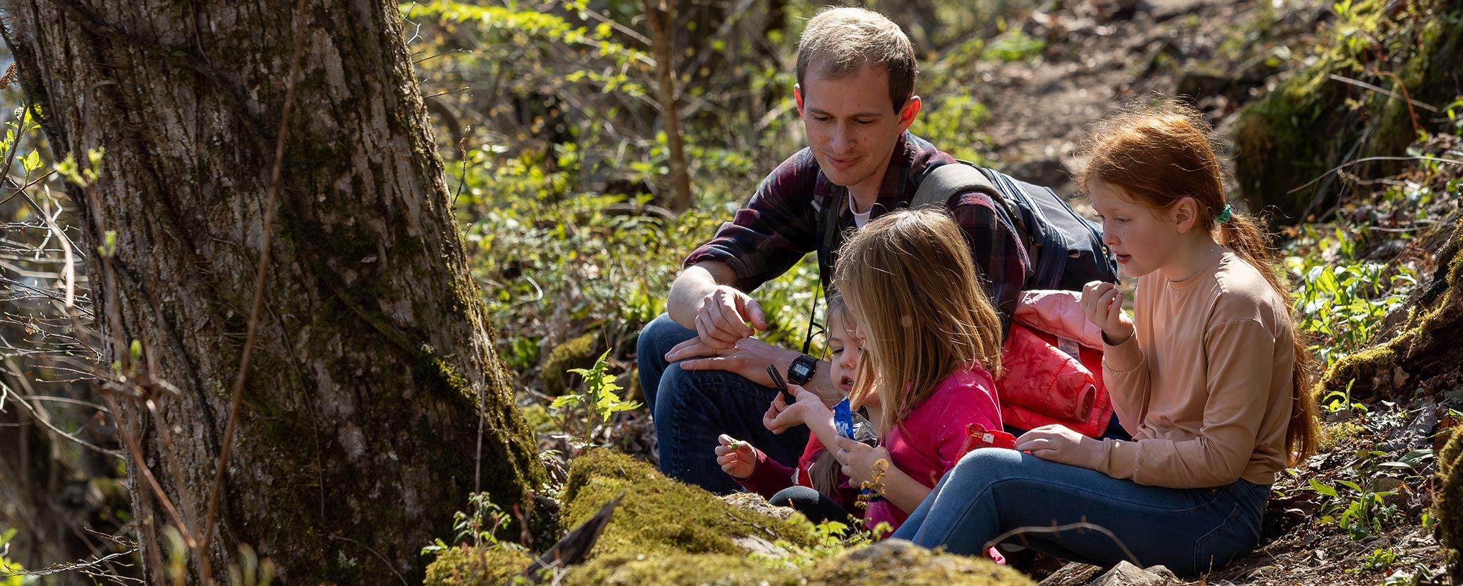 Family looks at wildflowers Family looks at wildflowers along trail.