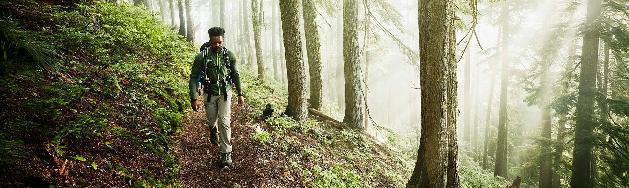 Man hiking along trail in forest on foggy morning