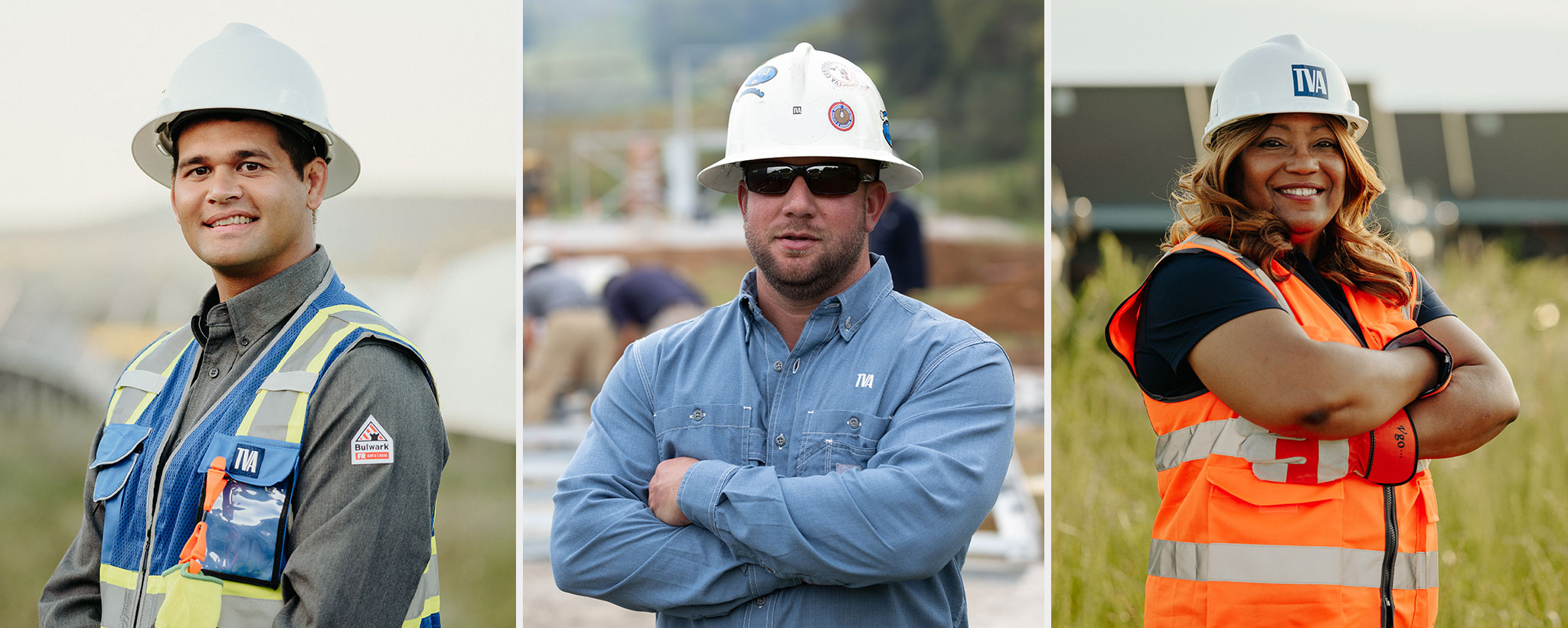 Hard hat worker collage hero Three workers with hard hats