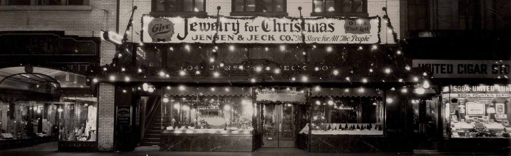Christmas lights on storefront