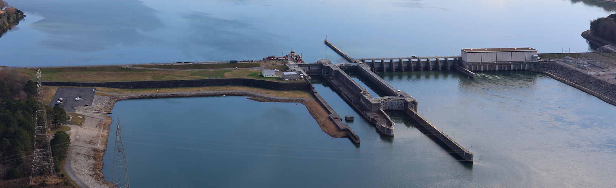 Aerial view of the Nickajack Dam and Lock on the Tennessee River near Chattanooga, Tennessee