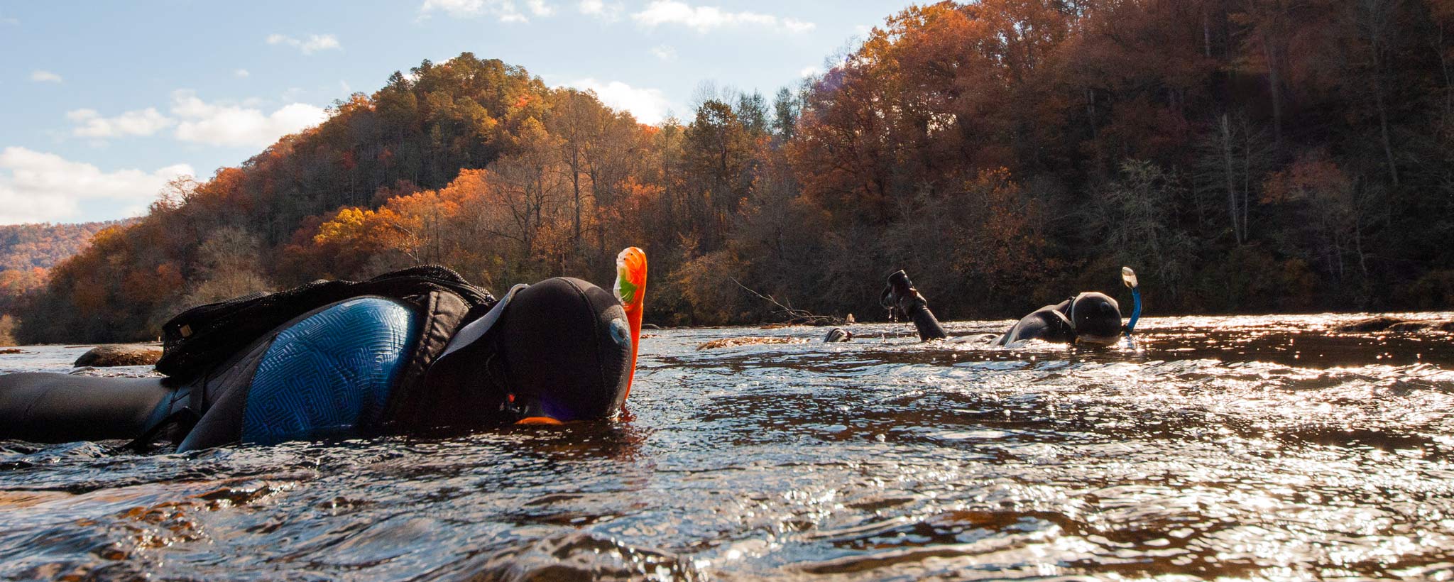 Biologists in the Tuckasegee River looking for mussels