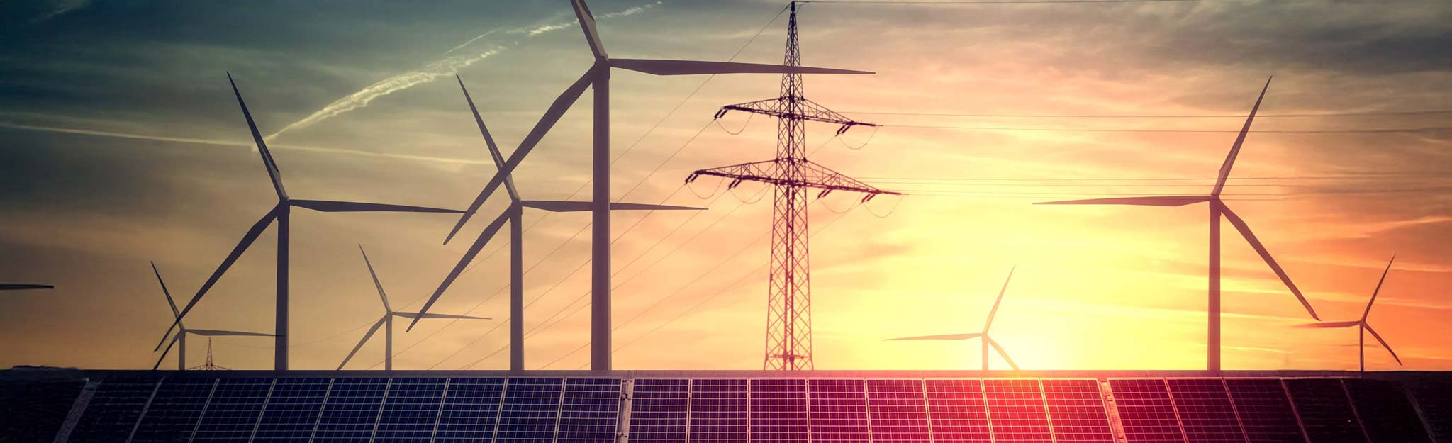 Solar panel, wind turbines and transmission towers