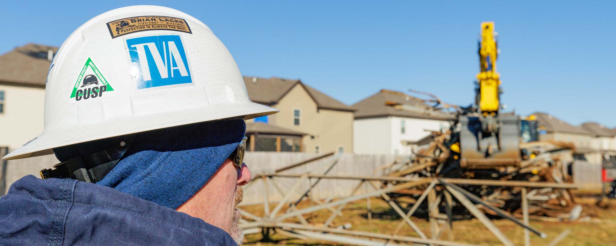 A TVA team member surveys storm damage in Middle Tennessee on Dec. 11, 2023