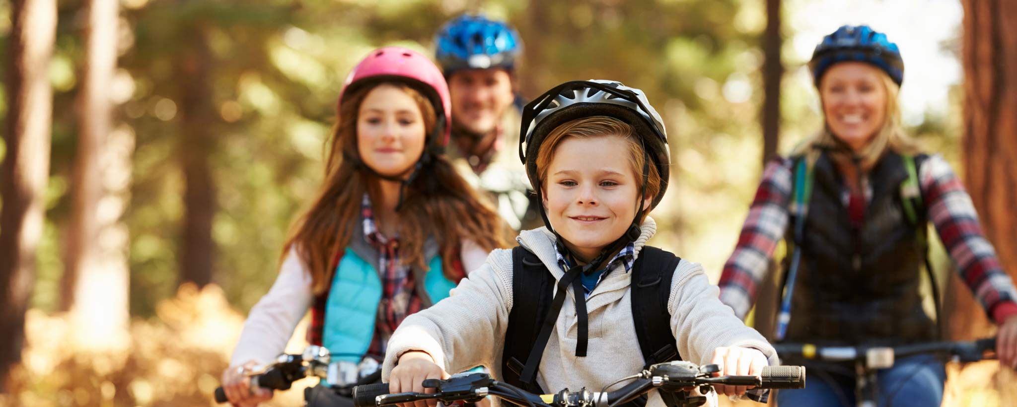 Family mountain biking on forest trail