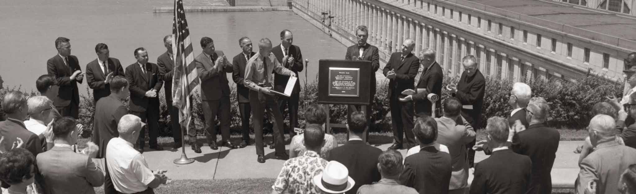 Dignitaries gather for National Historic Landmark dedication at Wilson Dam in 1967
