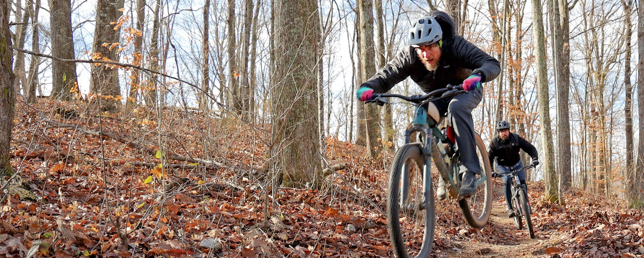 Two Mountain Bikers - Loyston Point Trails Two mountain bikers at Mill Creek Loop in the Loyston Point Trails system at Norris Reservoir
