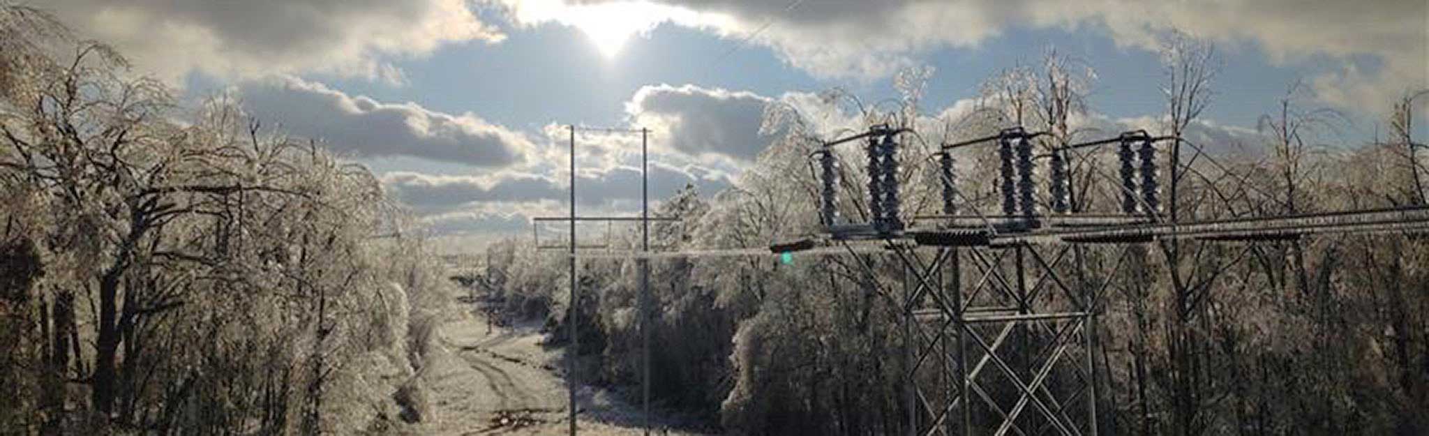 Aerial view of TVA transmission line impacted by ice during Winter Storm Fern