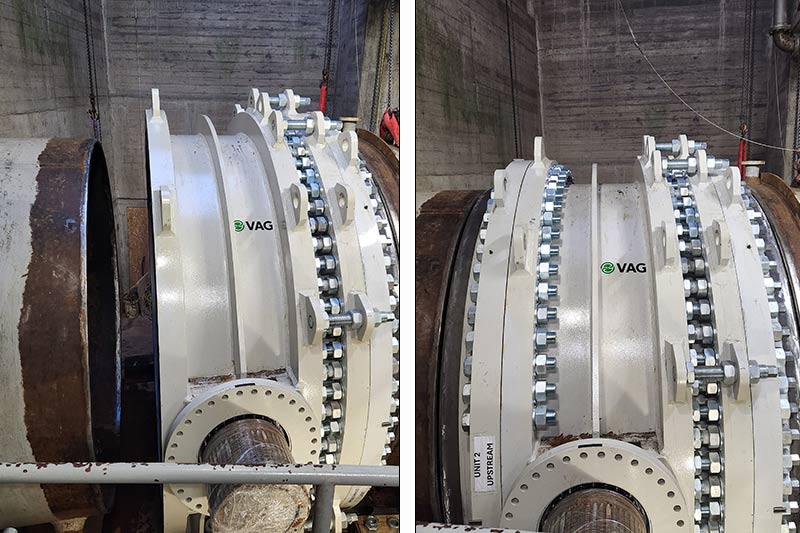 At left, the upstream spigot prepped and, at right, after the welded joint alignment.