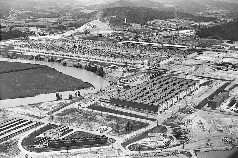 Aerial photo of a uranium enrichment facility at Oak Ridge, August 1955.