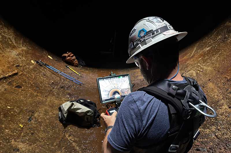 A crew member pilots a drone through the penstock during inspection.