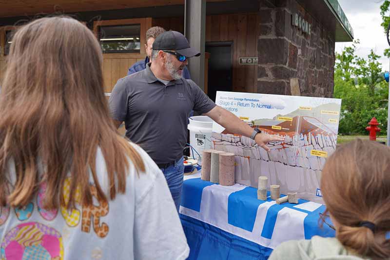 Members of TVA's Dam Safety team explain how water seeping under a dam could cause a dam to fail.