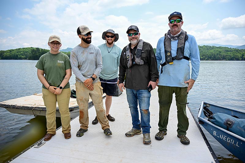 The shoreline stabilization partnership included Georgia Department of Natural Resources' Brylie Warner, Josh Stafford and Aaron Duclar, as well as TVA's Shannon O'Quinn and John Justice. They planted water willow and buttonbush at Chatuge Reservoir.