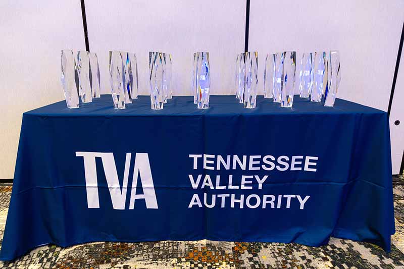 Awards on table with TVA tablecloth