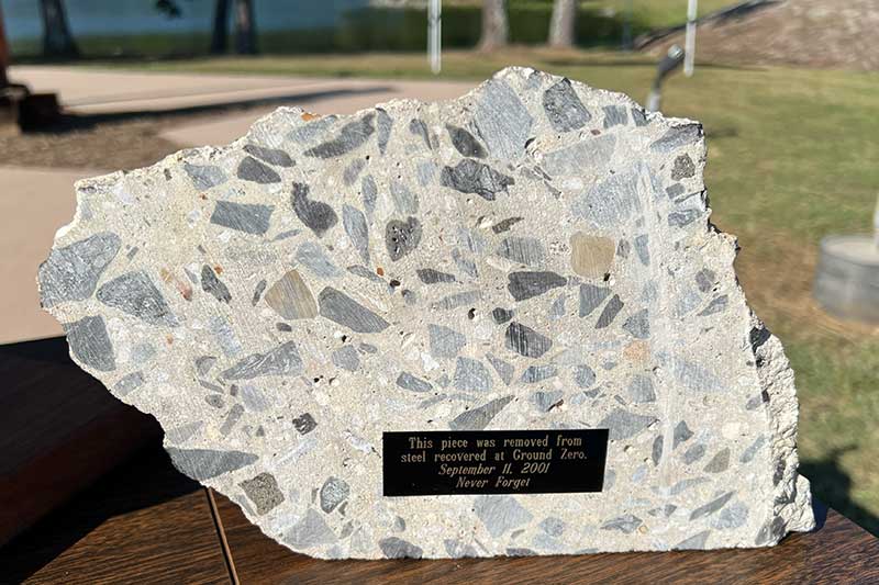A marker notes the steel recovered from Ground Zero.