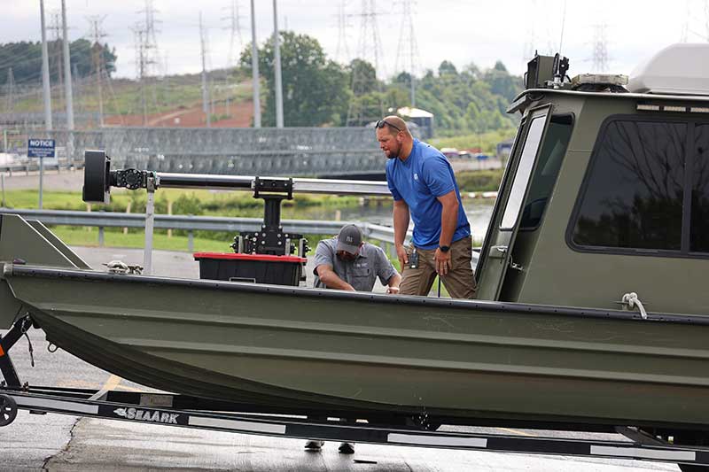 A boat is loaded with equpment