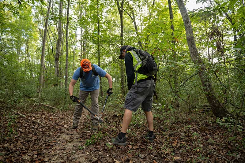Volunteers from the Appalachian Mountain Bike Club and TVA worked on bike trails at Loyston Point near Andersonville, Tennessee.