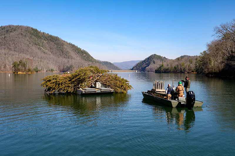 Boat loaded down with trees to be submerged in Watauga Reservoir
