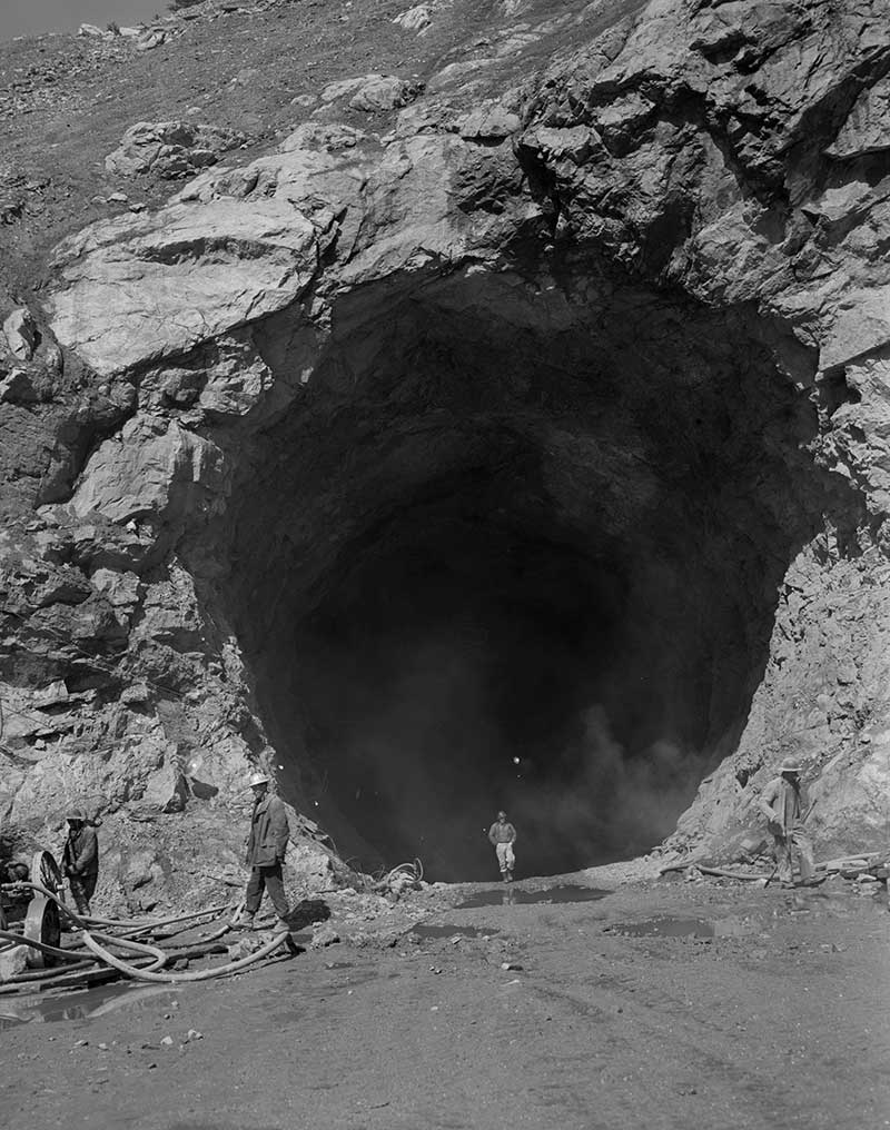 Work crews conduct blasting activities at the Watauga Dam tunnel in the late 1940s.