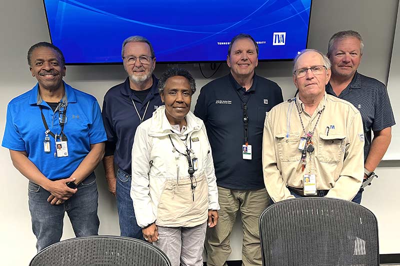 Longtime Watts Bar employees who gathered recently to discuss Unit 1’s startup and 30th anniversary included, left to right, Pete Williams, Ernie Murphy, Joyce Artis, Phil Harris, Larry Calahan and Billy Horton.