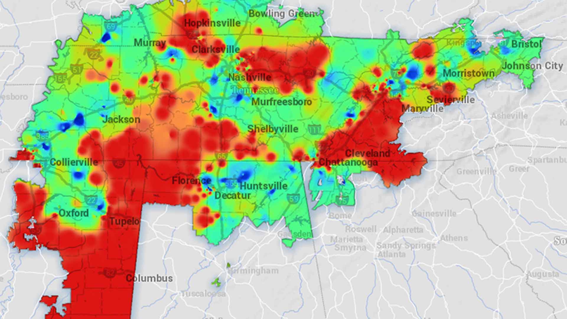Heatmap shows where TVA's transmission system has interconnection capability