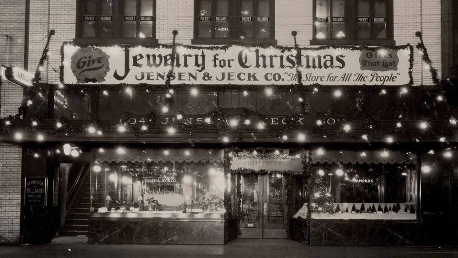 Christmas lights on storefront