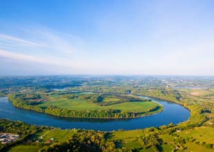 An aerial view of a bend in the Tennessee River