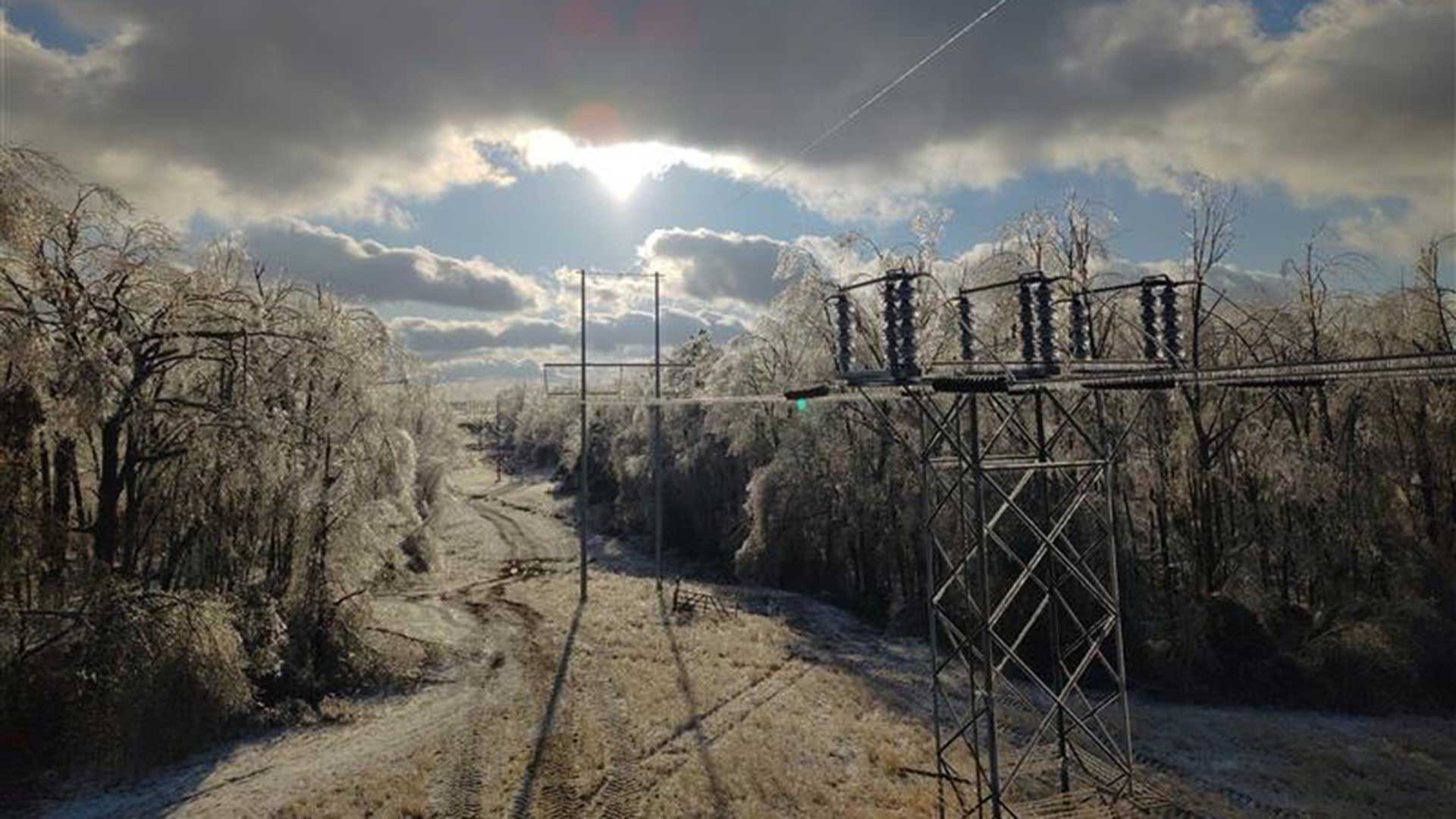 Aerial view of TVA transmission lines impacted by ice during Winter Storm Fern