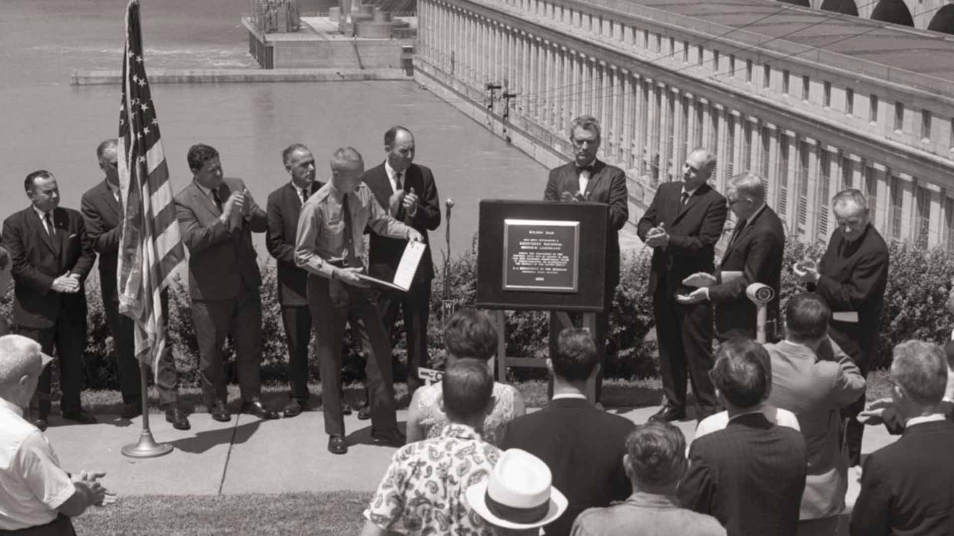 Dignitaries gather for National Historic Landmark dedication at Wilson Dam in 1967