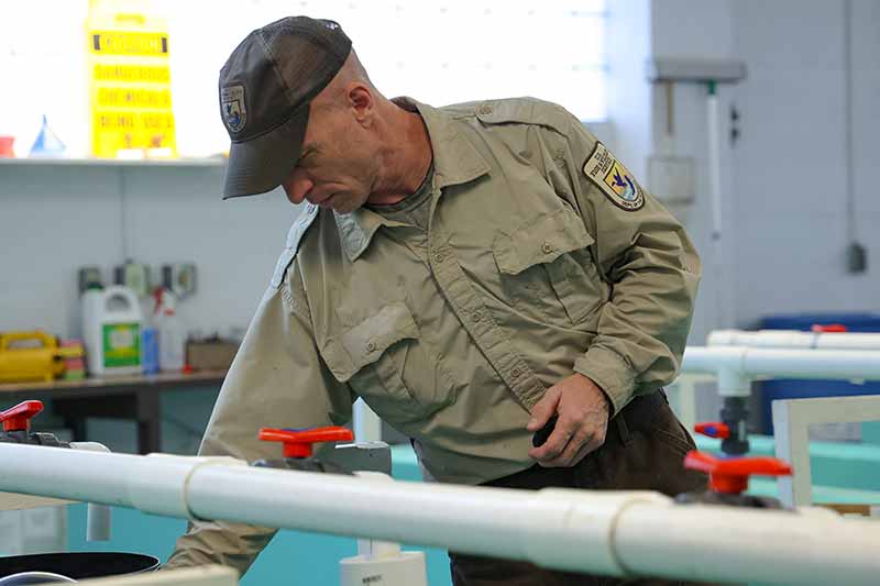 Fish biologist David Teague checks rainbow trout eggs