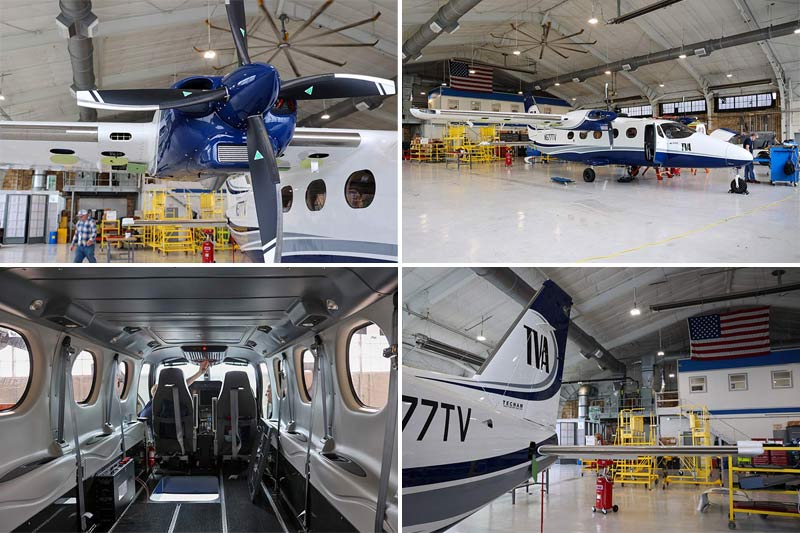 Collage of images showing interior and exterior of TVA plane