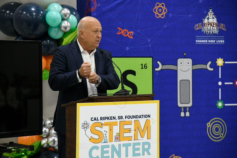 Cal Ripken Jr. speaks to guests at the official opening of the new STEM center at the Boys & Girls Club of North Mississippi – Haven Acres Unit