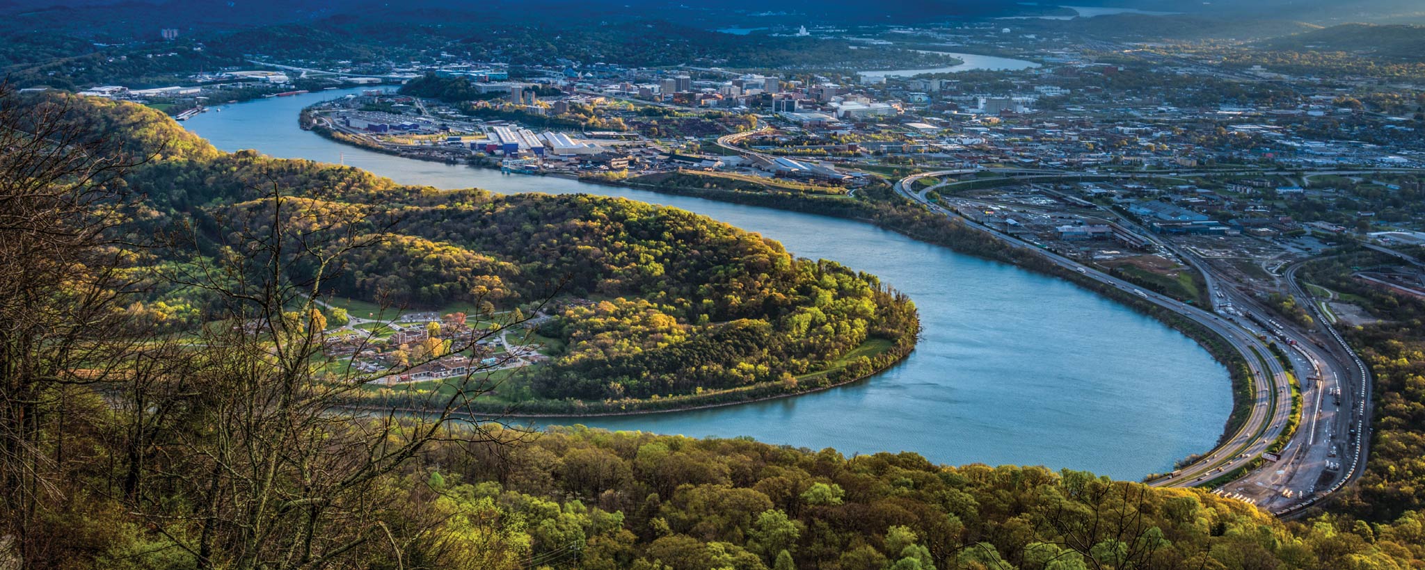 Drone Aerial View of Downtown Chattanooga Tennessee and Tennessee River