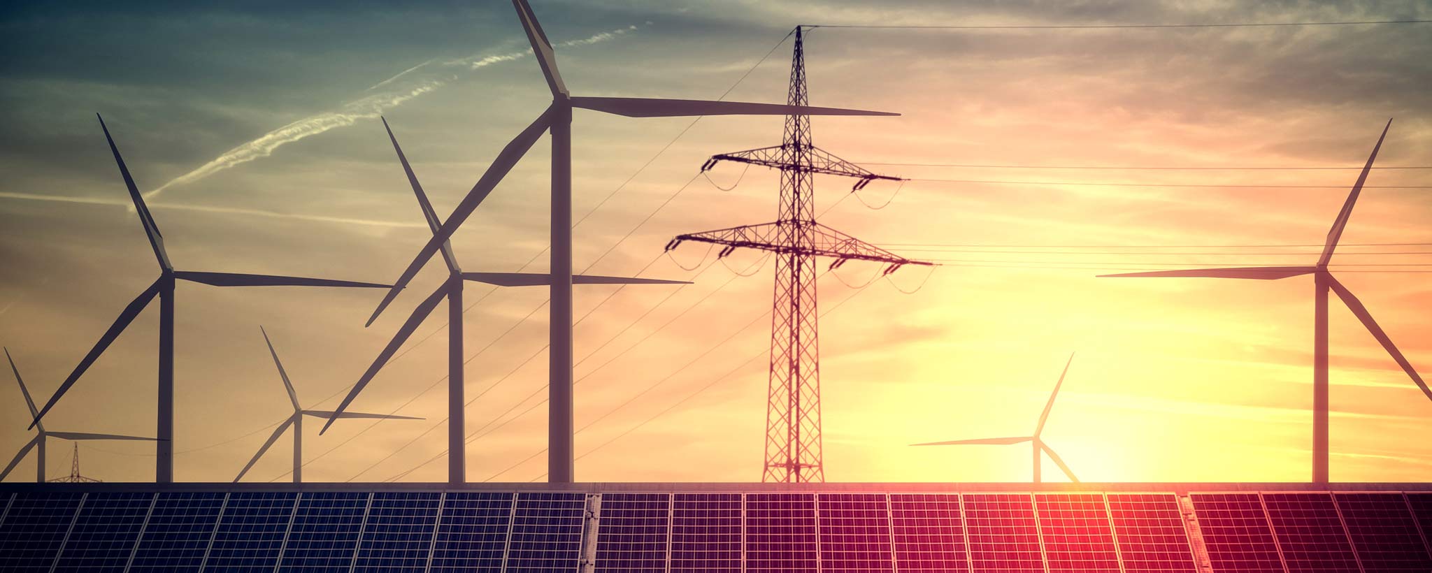 Solar panel, wind turbines and transmission towers Solar panel, wind turbines and transmission towers