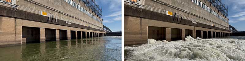 Side-by-side view of how the new system creates turbulence at the back side of TVA's Pickwick Dam.