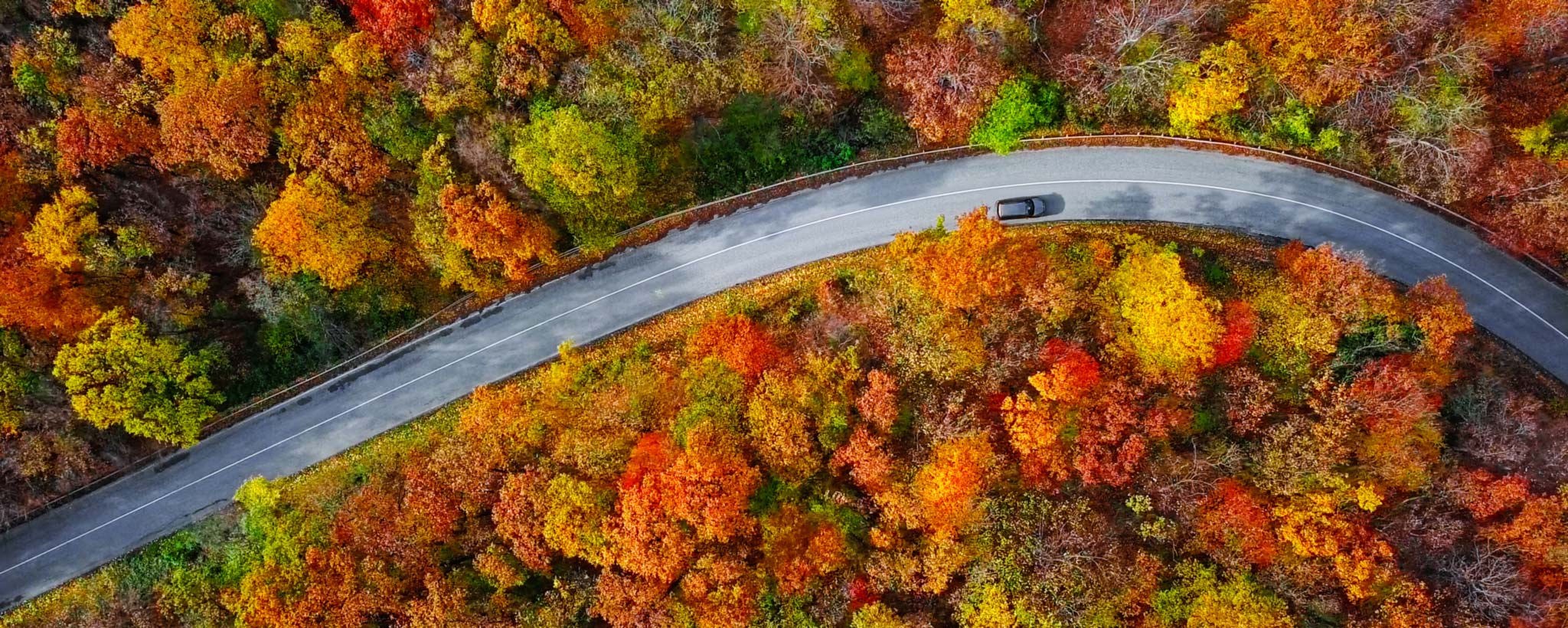 fall-aerial-hero-GettyImages-1170308364 Aerial view of winding mountain road inside colorful autumn forest