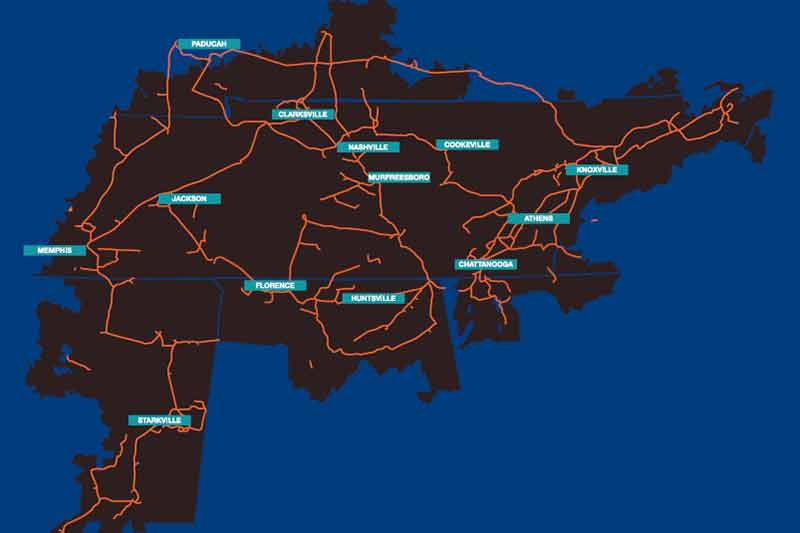 TVA region with dark fiber map