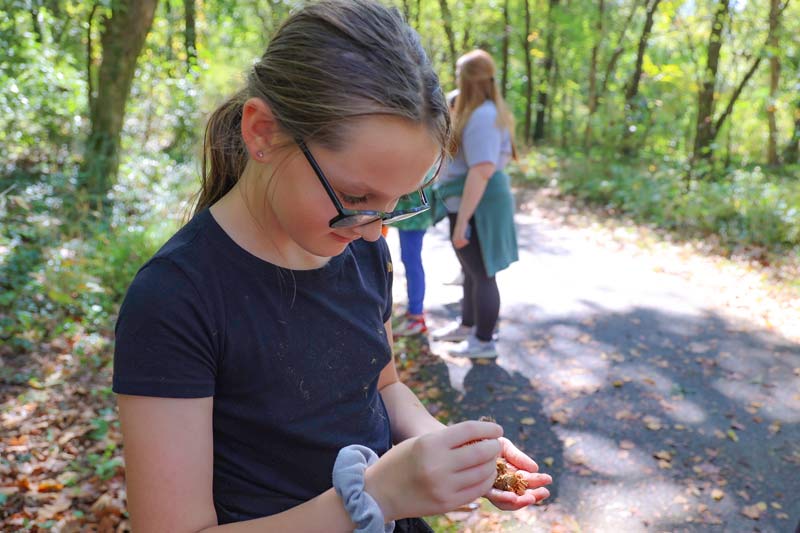 A girl investigates a palmful of seed pods while hiking