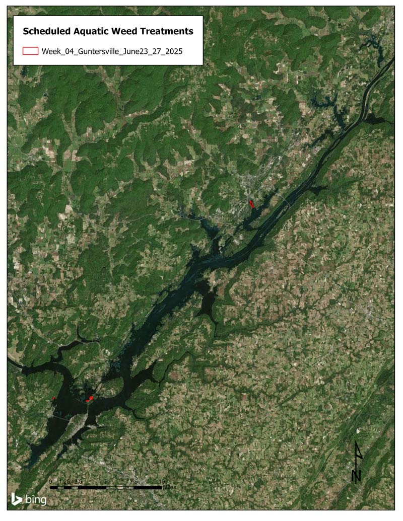 Guntersville Reservoir Herbicide Treatment Schedule Map June 23rd – June 27th, 2025