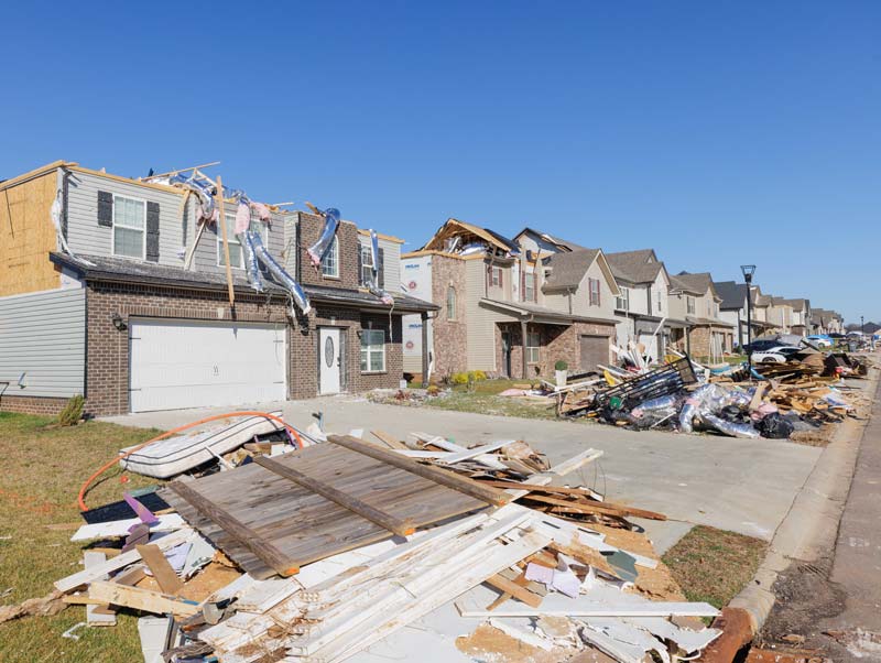Homes damaged by a tornado that tore through Middle Tennessee