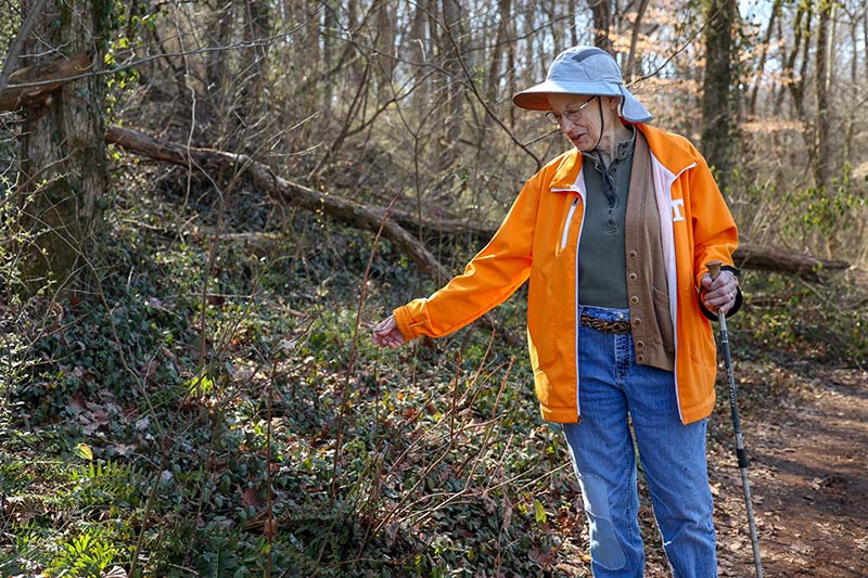 Nature program participant examines plant on trail