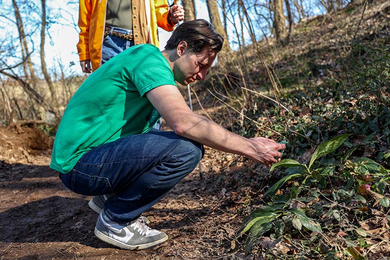 Man kneels as he uses his smartphone to photograph a plant