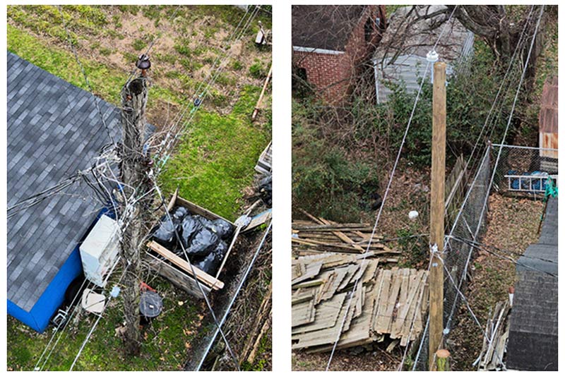 An aerial view of a utility pole before and after repairs.