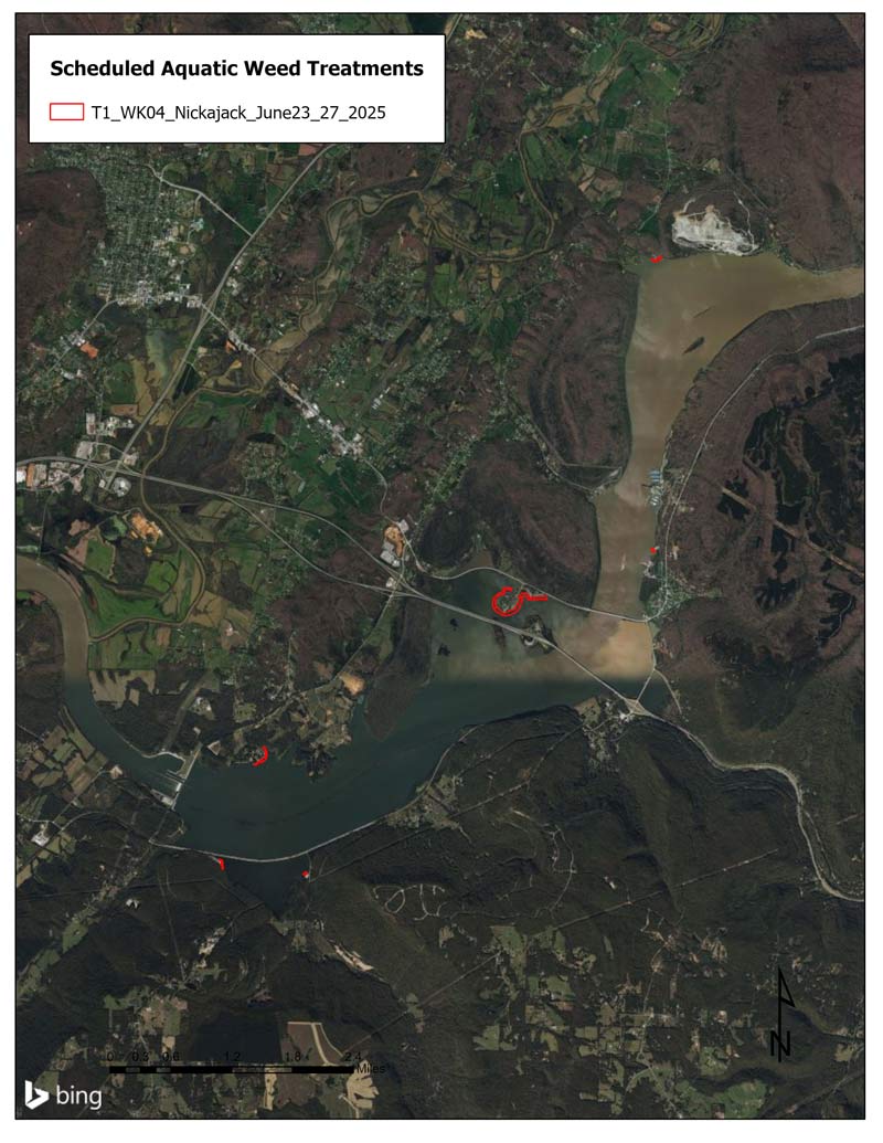 Nickajack Reservoir Herbicide Treatment Schedule Map June 23rd – June 27th, 2025