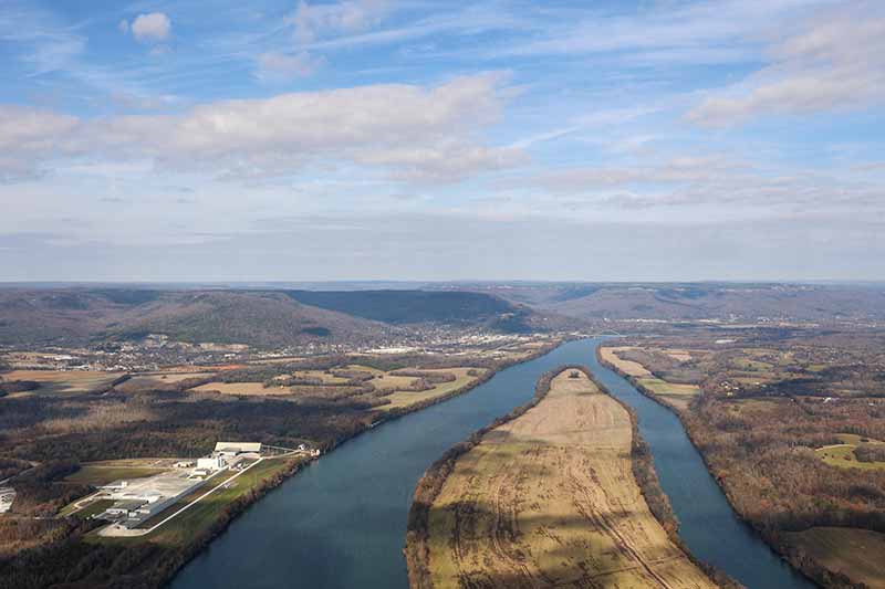 Aerial view of the Tennessee River in north Alabama.